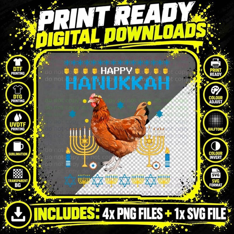 Chicken Chanukah Jewish Ugly Hanukkah Sweater Pajama Png SVG Digital Bundle
