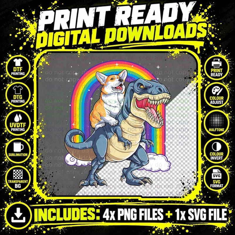 Corgi Riding Dinosaur T Rex Boys Girls Space Galaxy Png SVG Digital Bundle