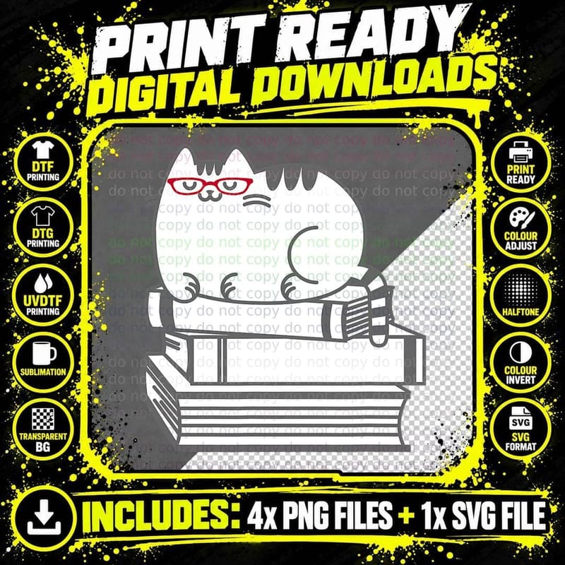 Cute Book Nerd Cat T-Shirt - Funny Nerdy Kitten Shirt Png SVG Digital Bundle