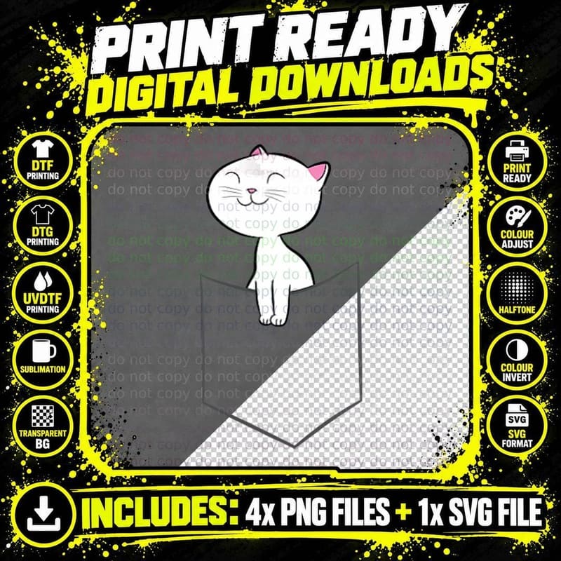 Cute Cat in a Pocket Funny Cat, Dad Kids Yoga Fitness Png SVG Digital Bundle
