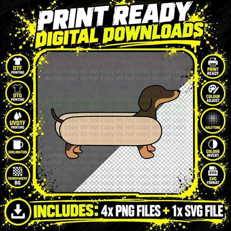 Cute Dachshund Hot Dog Minimalist Pun Joke Dachshund Png SVG Digital Bundle
