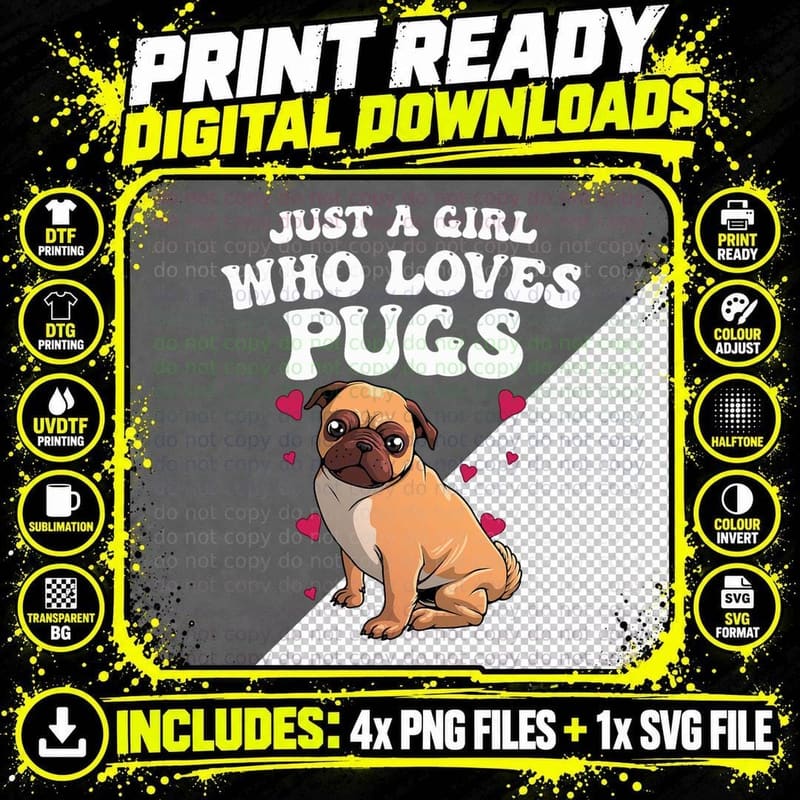 Cute Pug Designs for Women Girls Pet Dog Puppy Animal Png SVG Digital Bundle