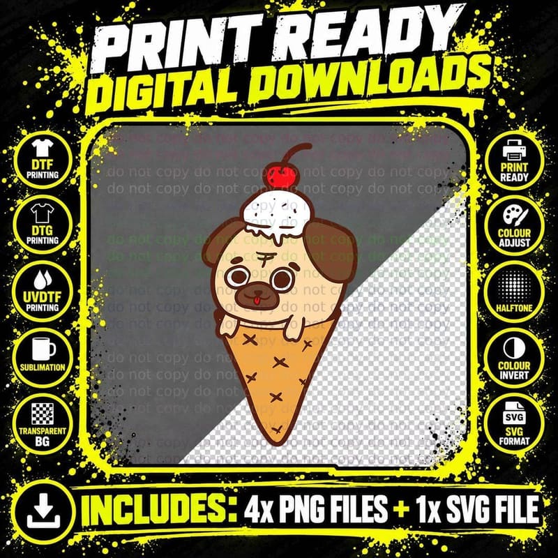 Cute Pug Ice Cream Cone Kids Funny T-Shirt Dog Lovers Png SVG Digital Bundle