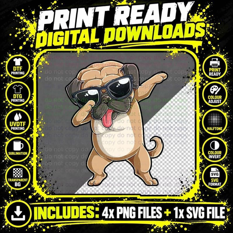 Dabbing Pug T Dog Lover Kids Boys Girls Dab Dance T-Shirt Png SVG Digital Bundle