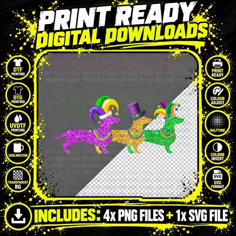 Dachshund Dog Mardi Gras Festival Party Outfits T-Shirt Png SVG Digital Bundle