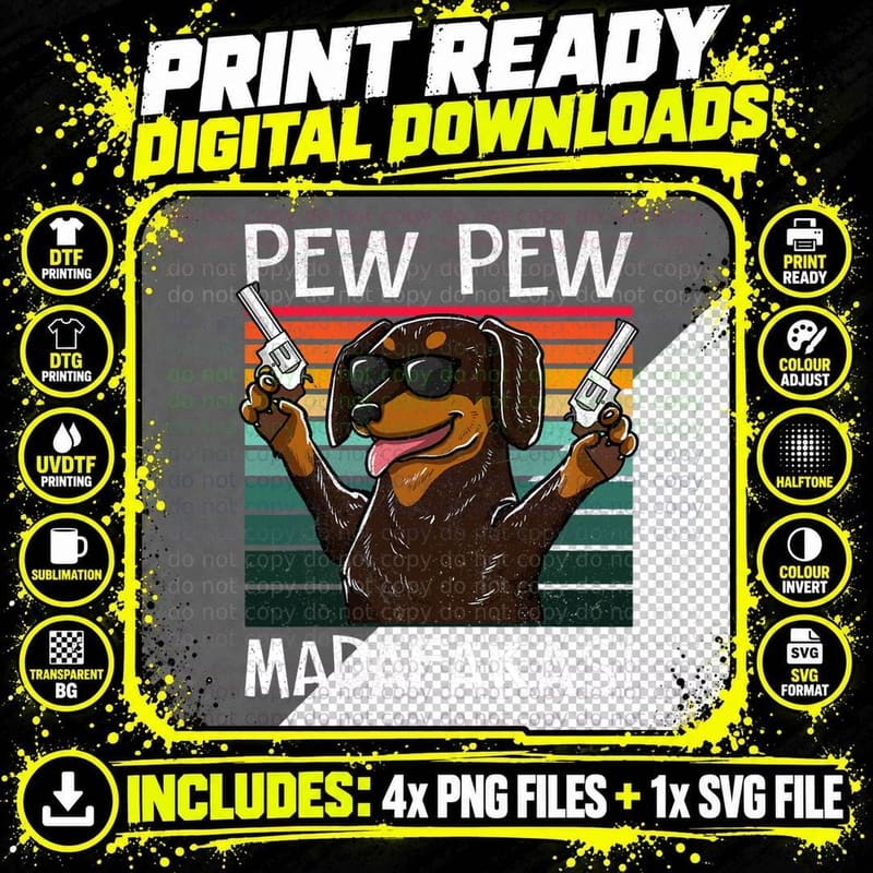 Dachshund Pew Pew Dog Vintage Retro Sunset Dogs Guns Png SVG Digital Bundle