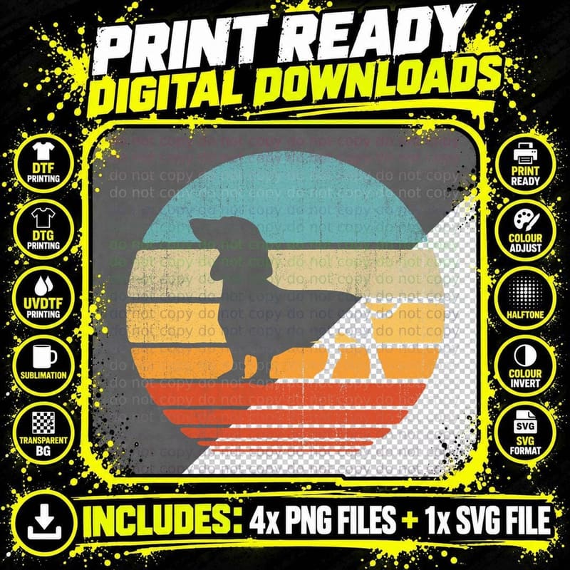 Dachshund Retro Vintage 60s 70s Sunset Wiener Dog Lovers Png SVG Digital Bundle