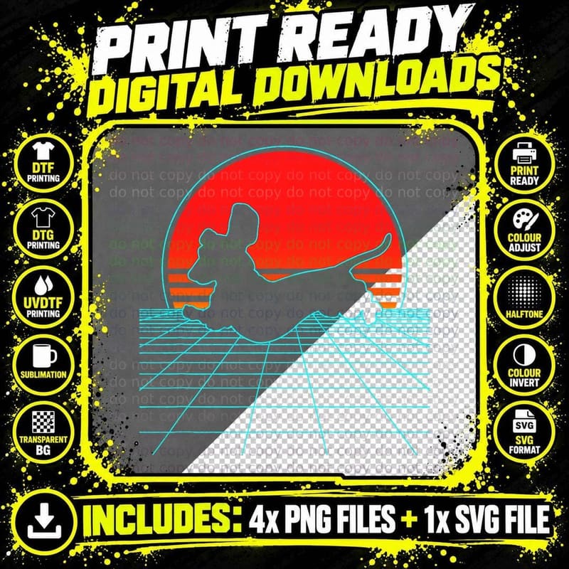 Dachshund Retro Vintage 80s Vaporwave Weiner Dog Lover Png SVG Digital Bundle