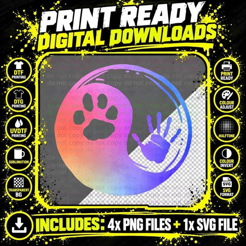 Dog Cat Paw Print Hand Yin Yang Rainbow Pawprint Hand Png SVG Digital Bundle