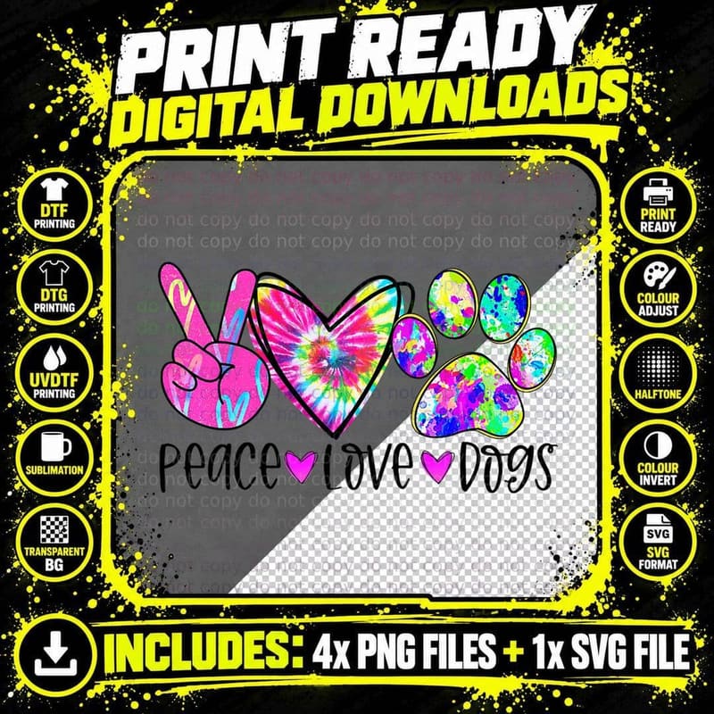 Dog Lover Peace Love Dogs Tie Dye Rescue Puppy Gifts Png SVG Digital Bundle