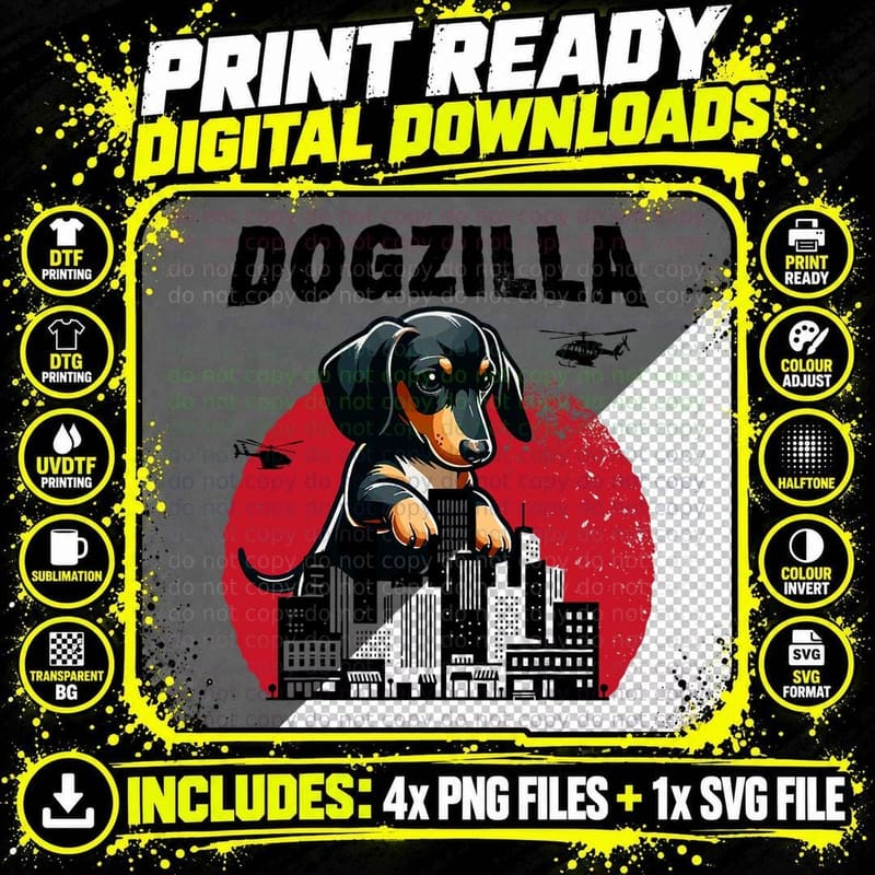 Dogzilla Funny Giant Dachshund Cute Wiener Dog in City Png SVG Digital Bundle
