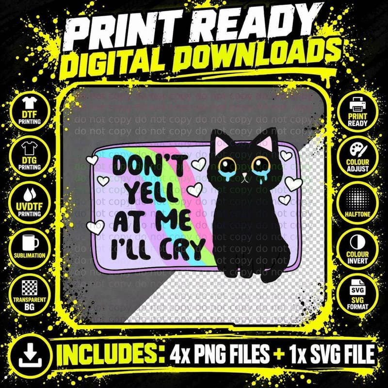 Don't Yell at Me I'll Cry Mental Health Black Cat Lover Png SVG Digital Bundle