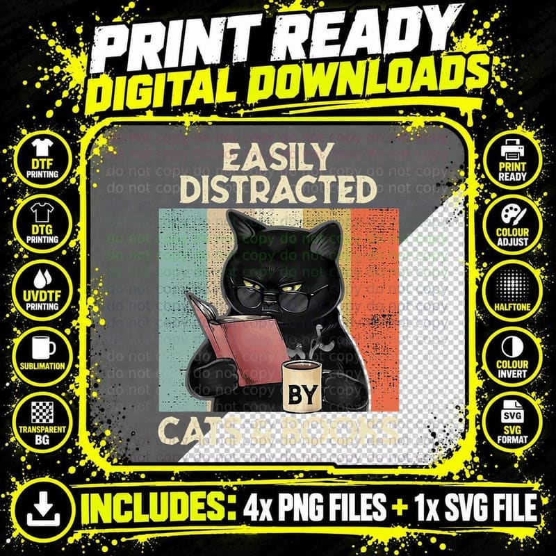 Easily Distracted by Cats and Books for Cat Lovers Png SVG Digital Bundle