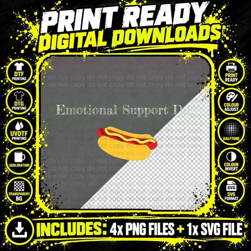 Emotional Support Dog Funny Hot Dog Play on Words T-Shirt Png SVG Digital Bundle
