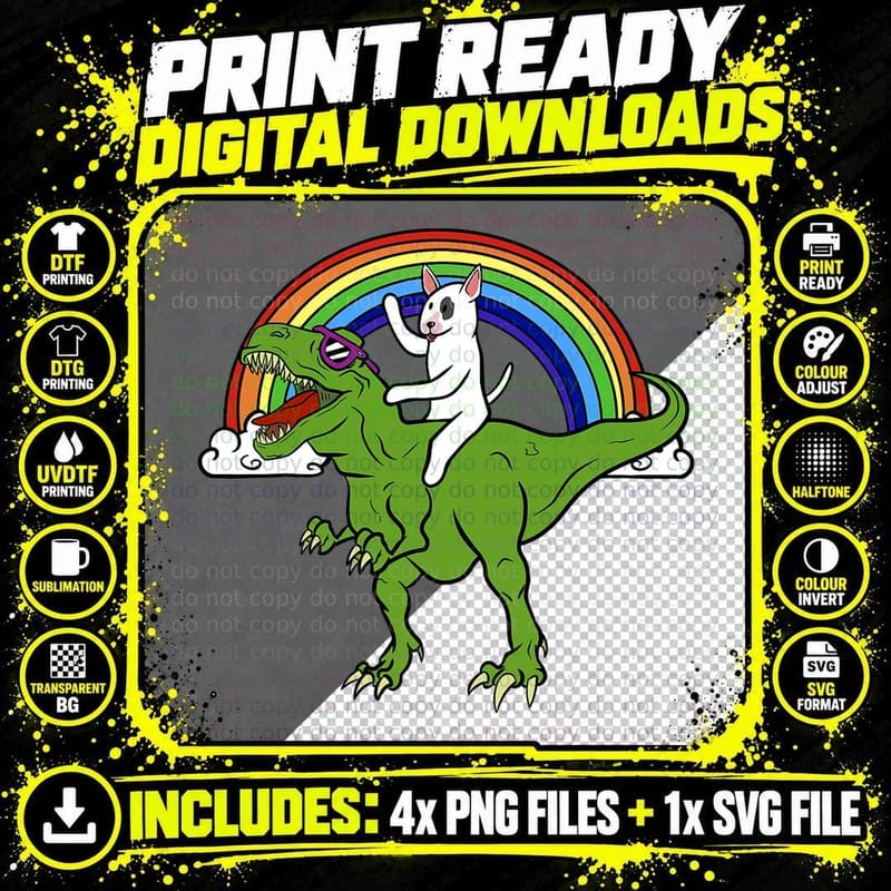 English Bull Terrier Riding T Rex Dinosaur Funny Dog Png SVG Digital Bundle