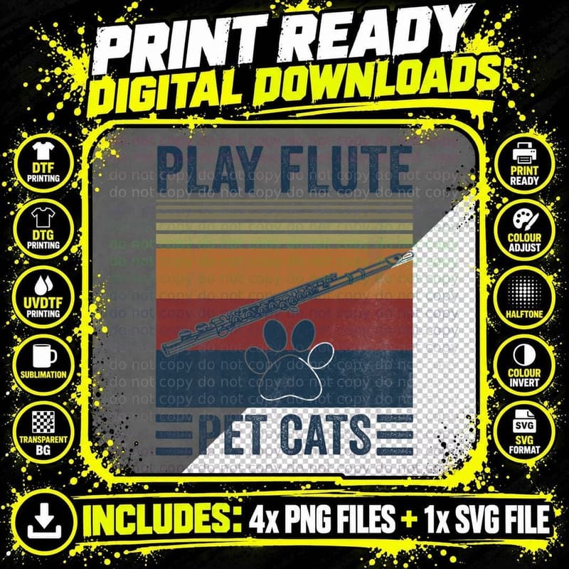 Funny Cat Lover and Flute Player - Pet Cats Play Flute Png SVG Digital Bundle