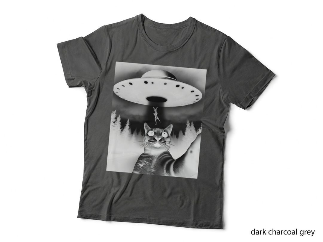 Funny Cat Selfie Flying Alien UFO Abducting Dog Cryptid T-Shirt