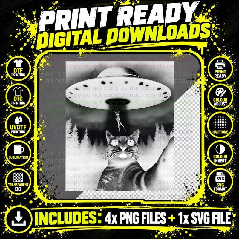Funny Cat Selfie Flying Alien UFO Abducting Dog Cryptid Png SVG Digital Bundle