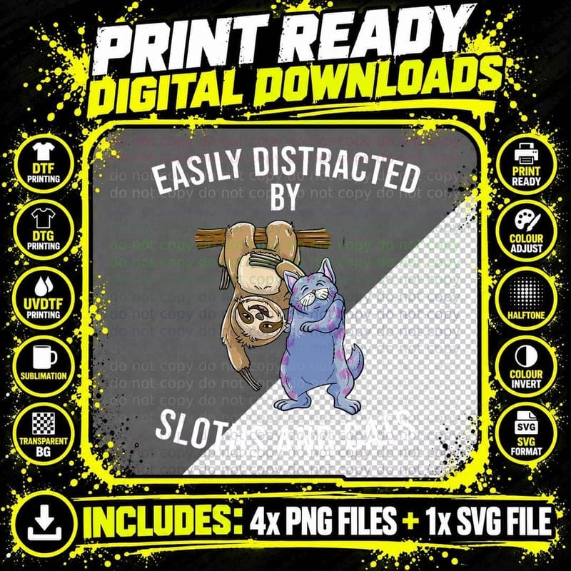 Funny Easily Distracted Sloth Gift Men Women Cute Cat Png SVG Digital Bundle