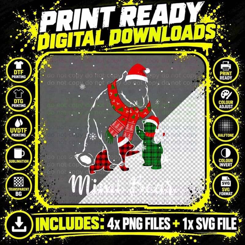 Funny Green Red Plaid Mimi Bear Matching Pajama Family Png SVG Digital Bundle