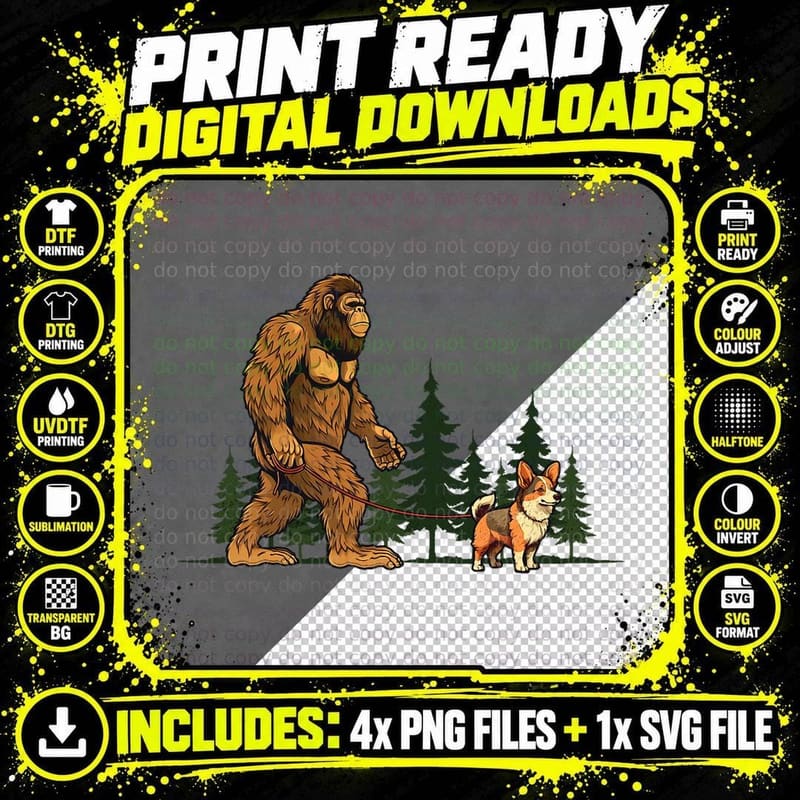 Funny Tri Color Corgi Bigfoot Dog Walking Dog Mom Dad Png SVG Digital Bundle