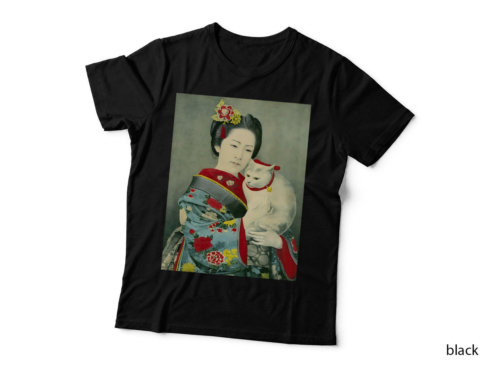 Geisha in Kimono with Cat Japanese Woman Neko Vintage Art T-Shirt