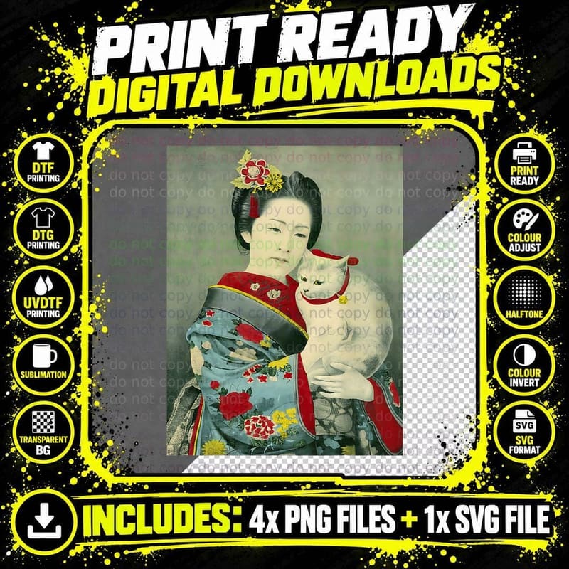 Geisha in Kimono with Cat Japanese Woman Neko Vintage Png SVG Digital Bundle