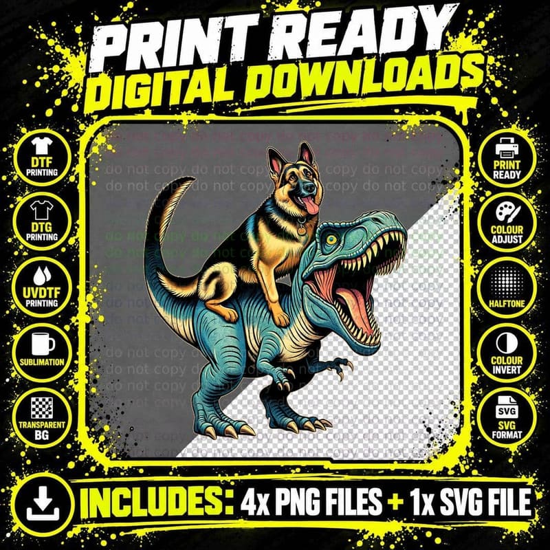 German Shepherd Funny Dog Riding T Rex Lover Animals Png SVG Digital Bundle