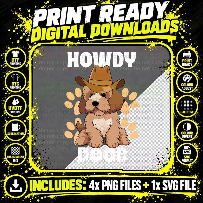 Goldendoodle Howdy Dood Funny Doodle Dog Country Cowboy Png SVG Digital Bundle