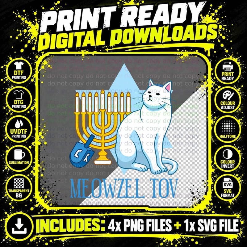 Hanukkah Jewish Cat Lover Gift Meowzel Tov Menorah Png SVG Digital Bundle