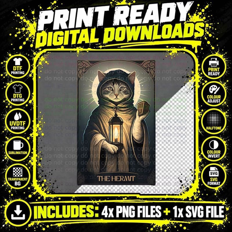 Hermit Cat Tarot Card Graphic for Tarot Cat Lovers Png SVG Digital Bundle