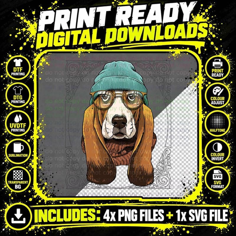 Hipster Basset Hound Dog Animal Wearing Sunglasses Dog Png SVG Digital Bundle