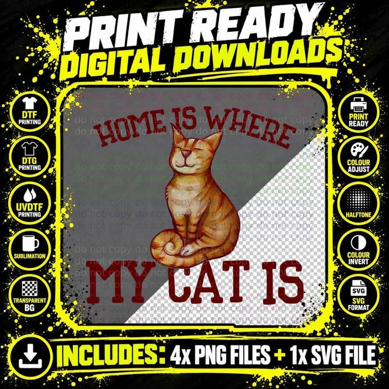 Home Is Where My Cat Is Fun Orange Tabby T-Shirt Png SVG Digital Bundle