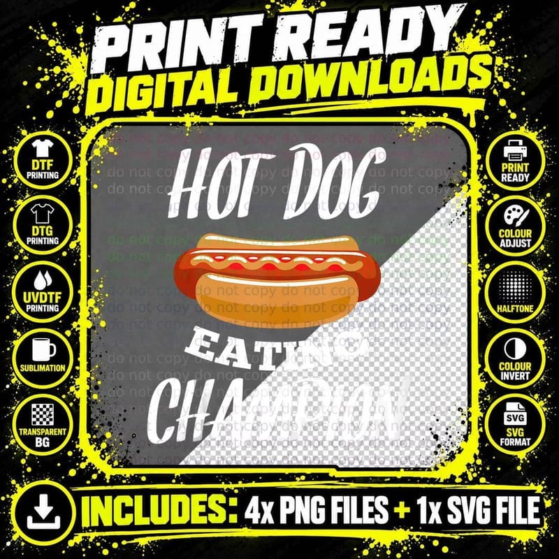 Hot Dog Eating Champion Funny Gift for Hot Dogs Lovers Png SVG Digital Bundle