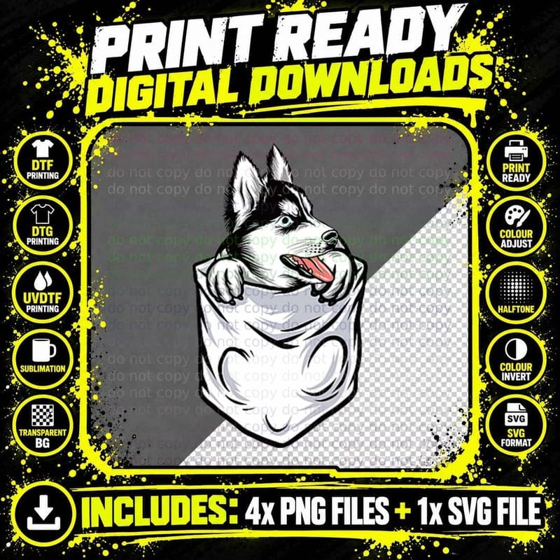 Husky Looks Out of the Breast Pocket Dog T-Shirt Png SVG Digital Bundle