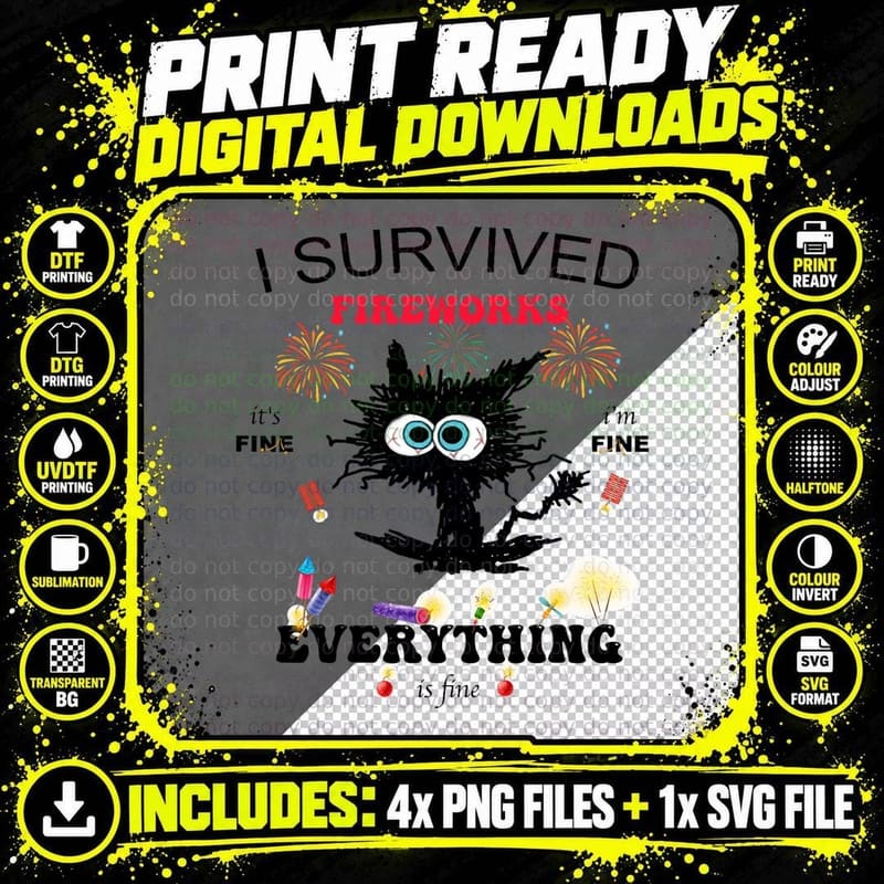 I Survived Black Cat Fireworks Funny Black Cat T-Shirt Png SVG Digital Bundle