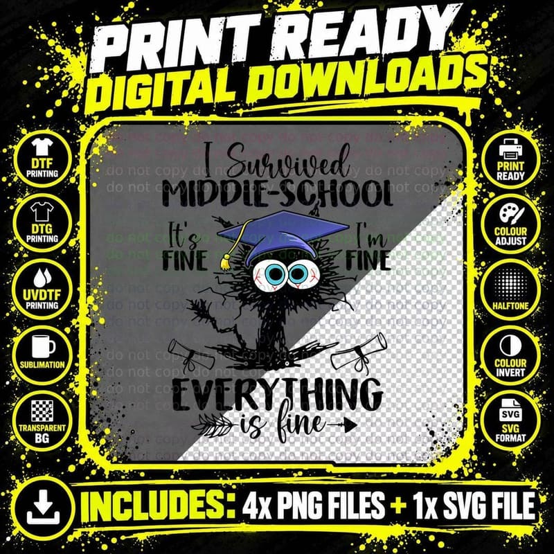 I Survived Middle School Funny Black Cat Graduation Png SVG Digital Bundle