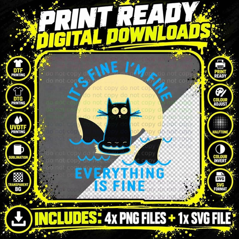 It's Fine I'm Fine Everything Is Fine Funny Black Cat Png SVG Digital Bundle