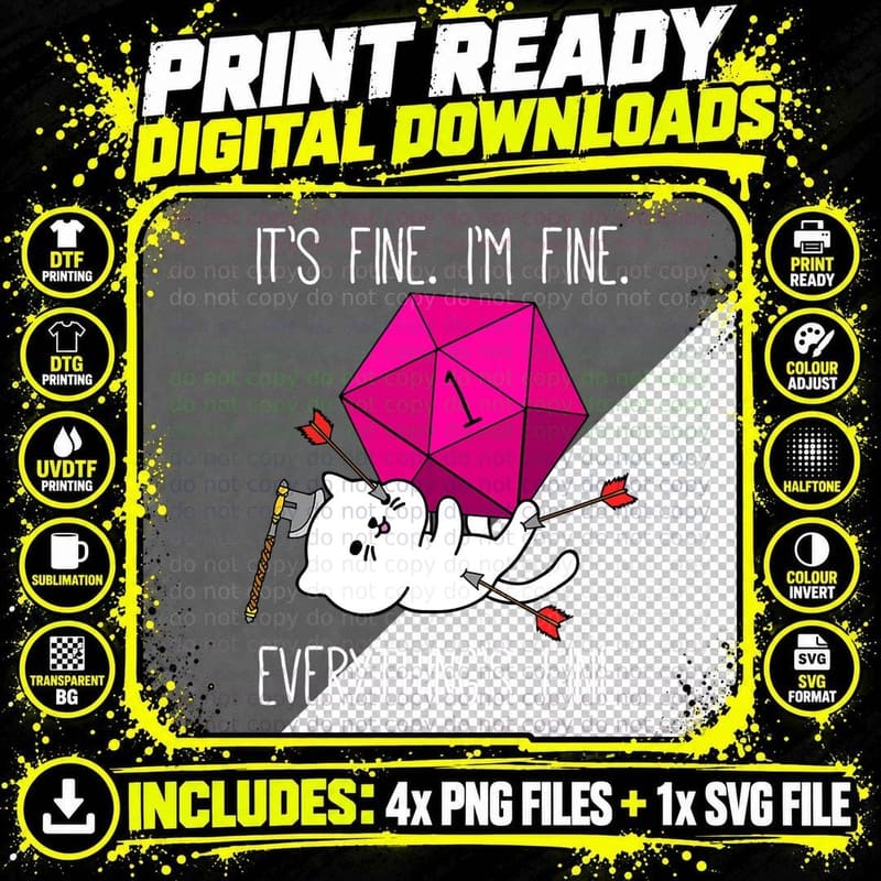 It's Fine I'm Fine Everything's Fine Nerdy D20 Dungeon Png SVG Digital Bundle