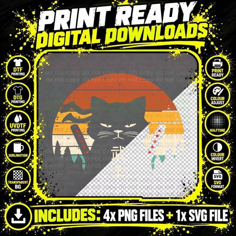 Japanese Samurai Cat Warrior Retro Ninja Men Women Kids Png SVG Digital Bundle