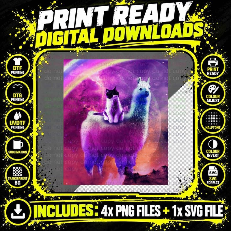 Kitty Cat Riding on Rainbow Llama in Space T-Shirt Png SVG Digital Bundle