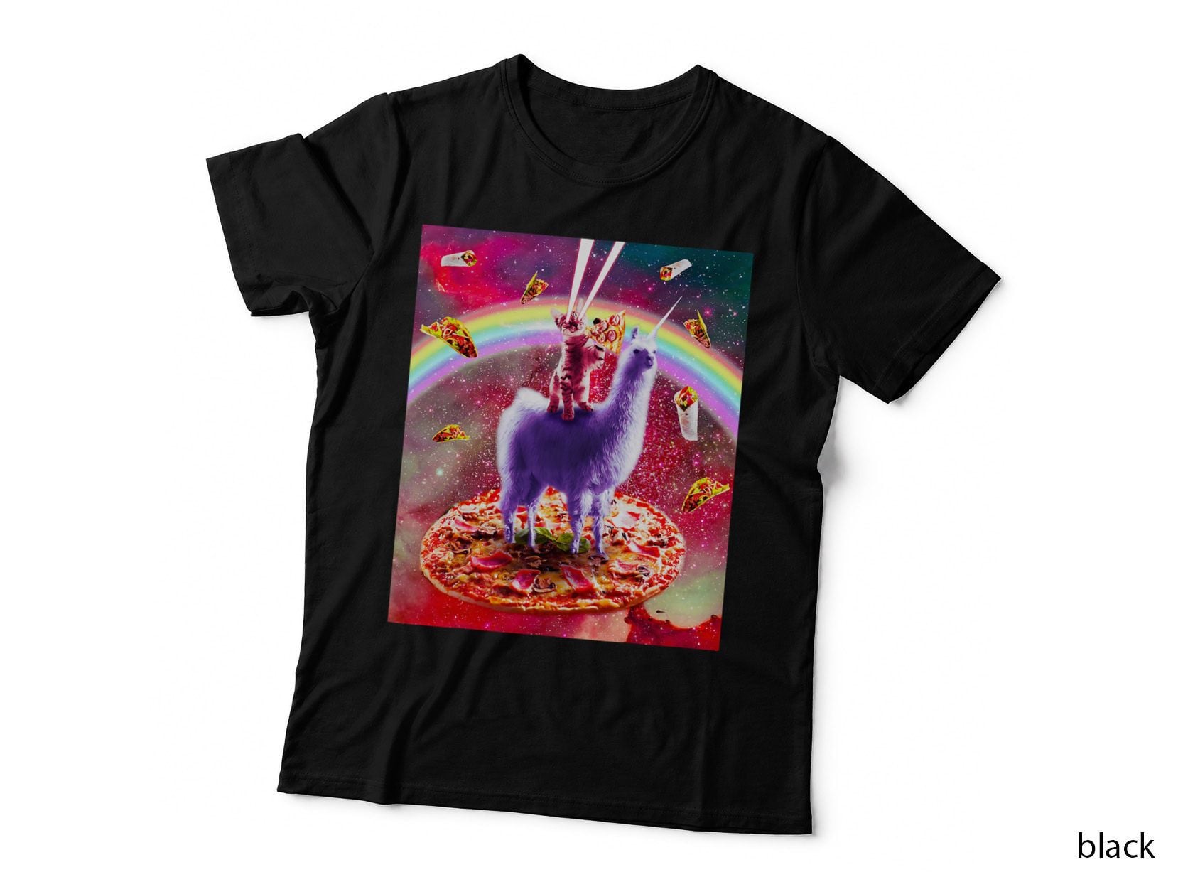 Laser Eyes Outer Space Cat Riding on Llama Unicorn T-Shirt