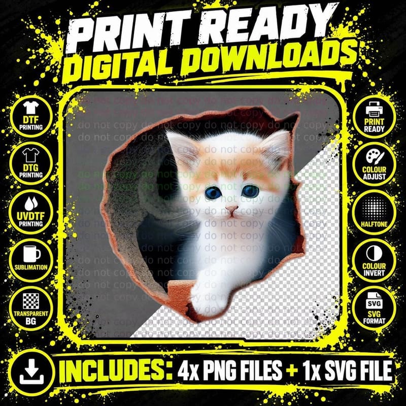 Lovely Kitten Staring Torn Cloth Cracked Wall Cat Lover Png SVG Digital Bundle