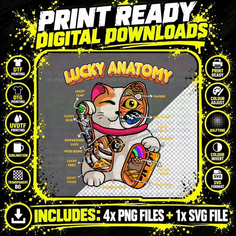 Lucky Anatomy Funny Maneki Neko Lucky Cat Anatomy Kitty Png SVG Digital Bundle