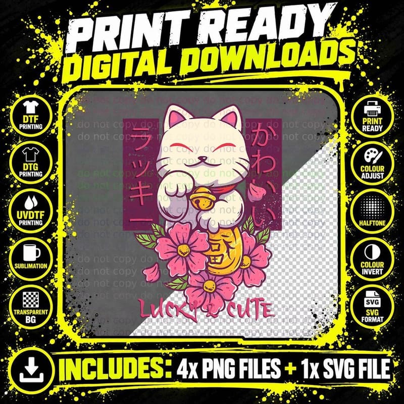 Lucky and Cute Japanese Lucky Cat Maneki Neko Good Luck Png SVG Digital Bundle