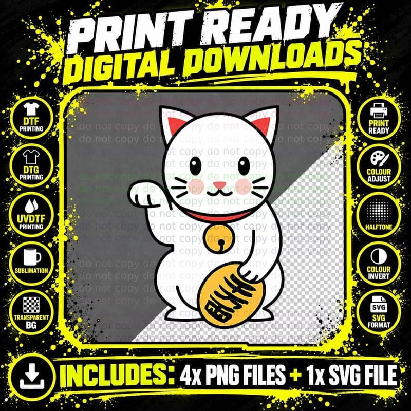 Maneki-Neko Japanese Beckoning Welcoming Lucky Cat Png SVG Digital Bundle