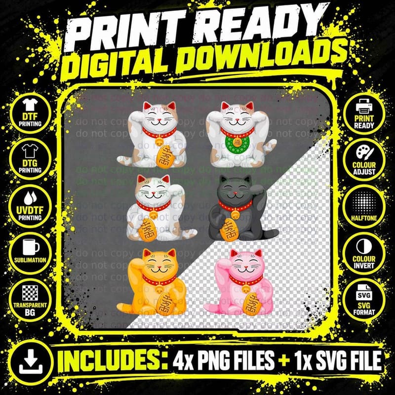 Maneki-Neko Lucky Cat Japanese Good Luck Charm Japan Png SVG Digital Bundle