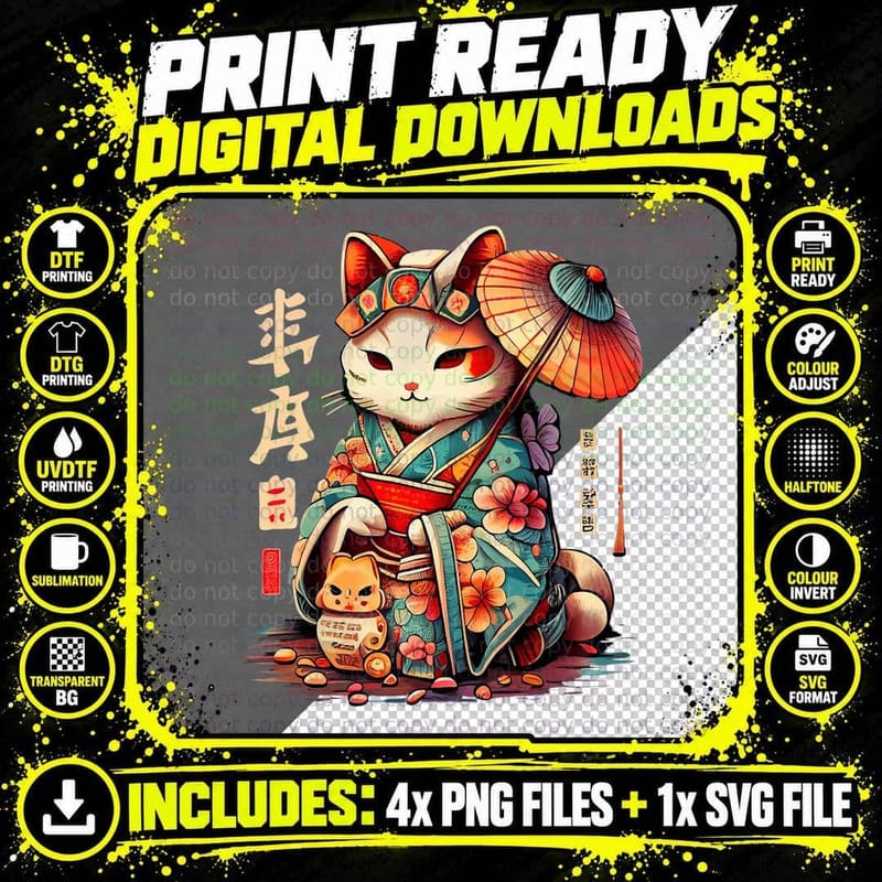 Manekineko Geisha Higasa Geisha Umbrella Yukata Kimono Png SVG Digital Bundle