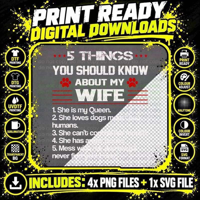 Mens 5 Things You Should Know About My Wife Funny Dog Png SVG Digital Bundle