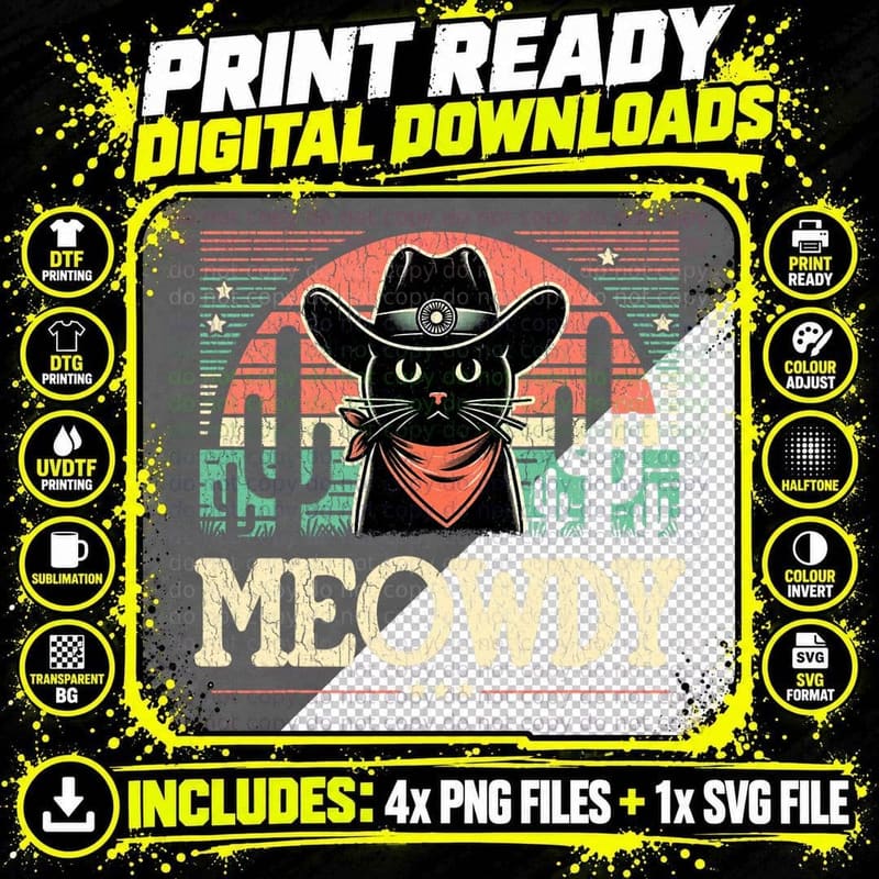 Meowdy Black Cat Retro Cacti - Howdy Funny Country Png SVG Digital Bundle